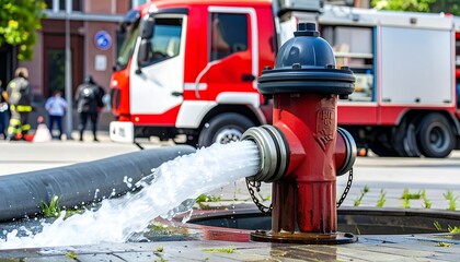 Fire hydrant spraying water, fire truck in background