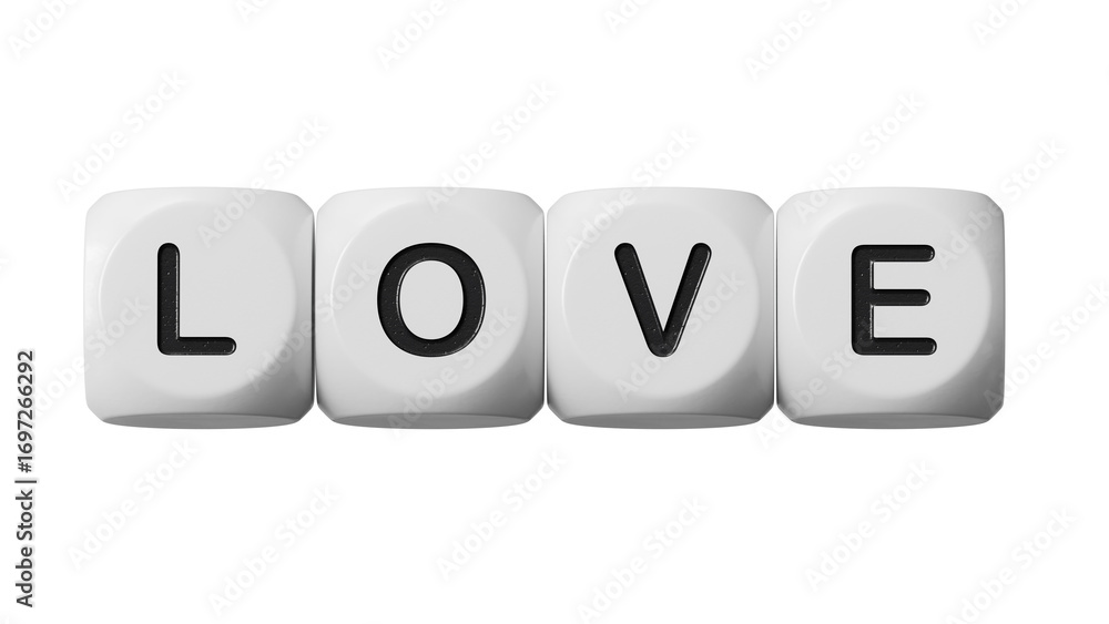 Poster love.wooden dice spelling.flat lay view from above on wooden dice buttons.it technology concept.supp