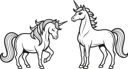 Fototapeta premium Two majestic unicorns stand side-by-side, representing magic and fantasy.