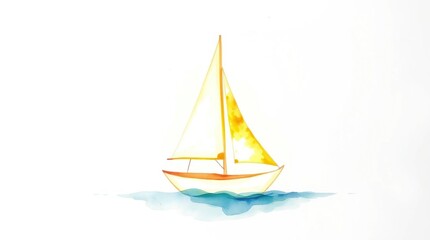 Watercolor sailboat with sunny sea.