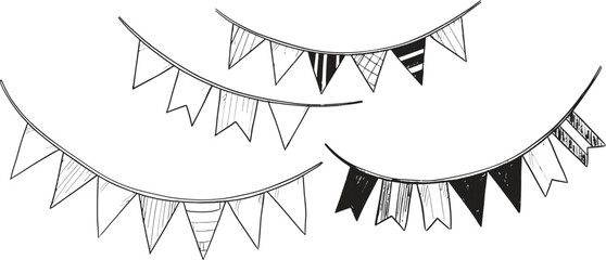 Hand drawn festive bunting flags in black and white on a white background