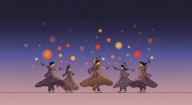 Dancers in traditional attire under a sky of floating lanterns