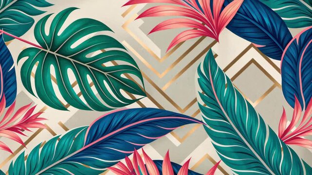 Tropical leaf pattern geometric background banana monstera palm teal green coral pink gold accent seamless design exotic foliage evoke vibrant joy