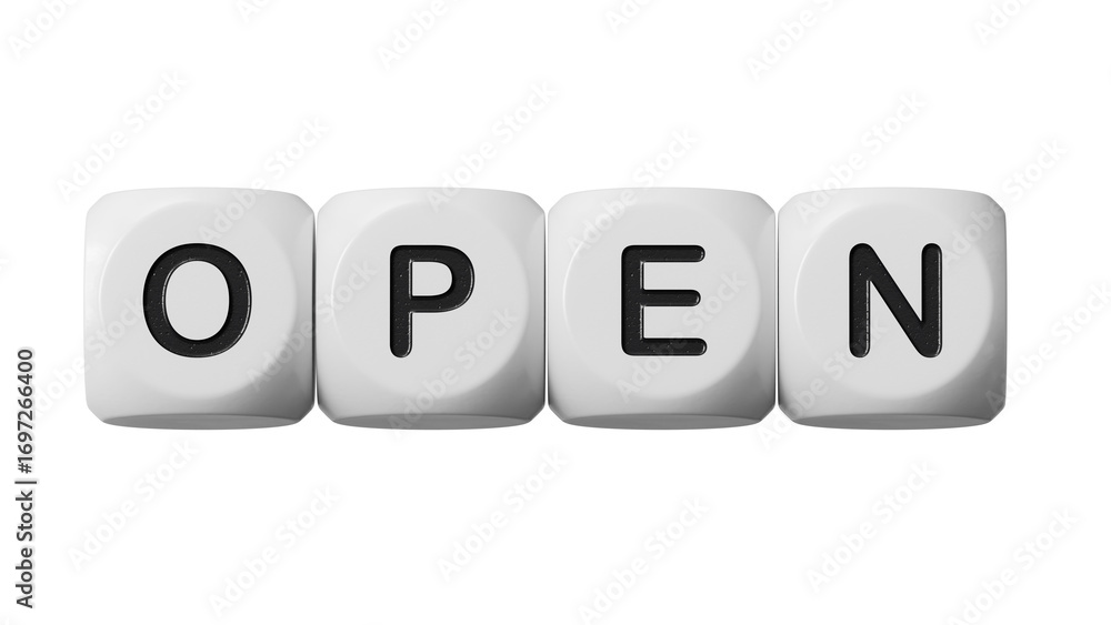 Poster open.wooden dice spelling.flat lay view from above on black background with wooden dice buttons.it t