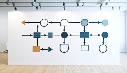 Abstract Flowchart on White Wall, Minimalist Geometric Shapes Diagram