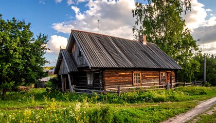 Fototapeta premium Rustic wooden house in a rural landscape