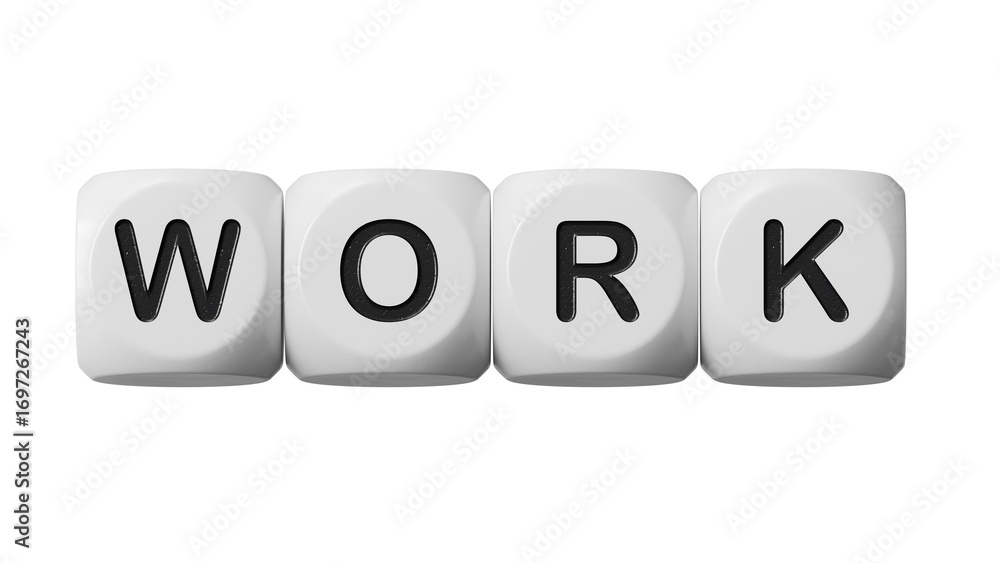 Poster word work. wooden dice with letters isolated on a laptop keyboard.close up of wooden dice,business c