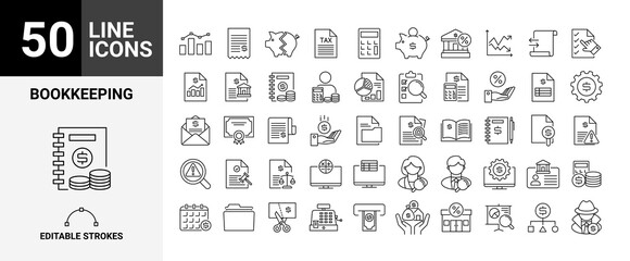 50 Editable Bookkeeping Line Icons Set Finance and Accounting Symbols