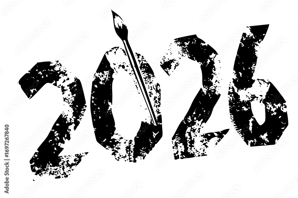 Poster vector distressed typographic of 2026 with an arrow piercing through the zero.