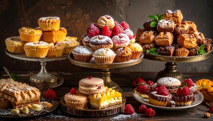 Assorted pastries and desserts on tiered stands