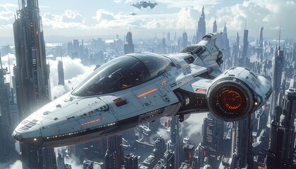 Futuristic cityscape with a sleek white air vehicle