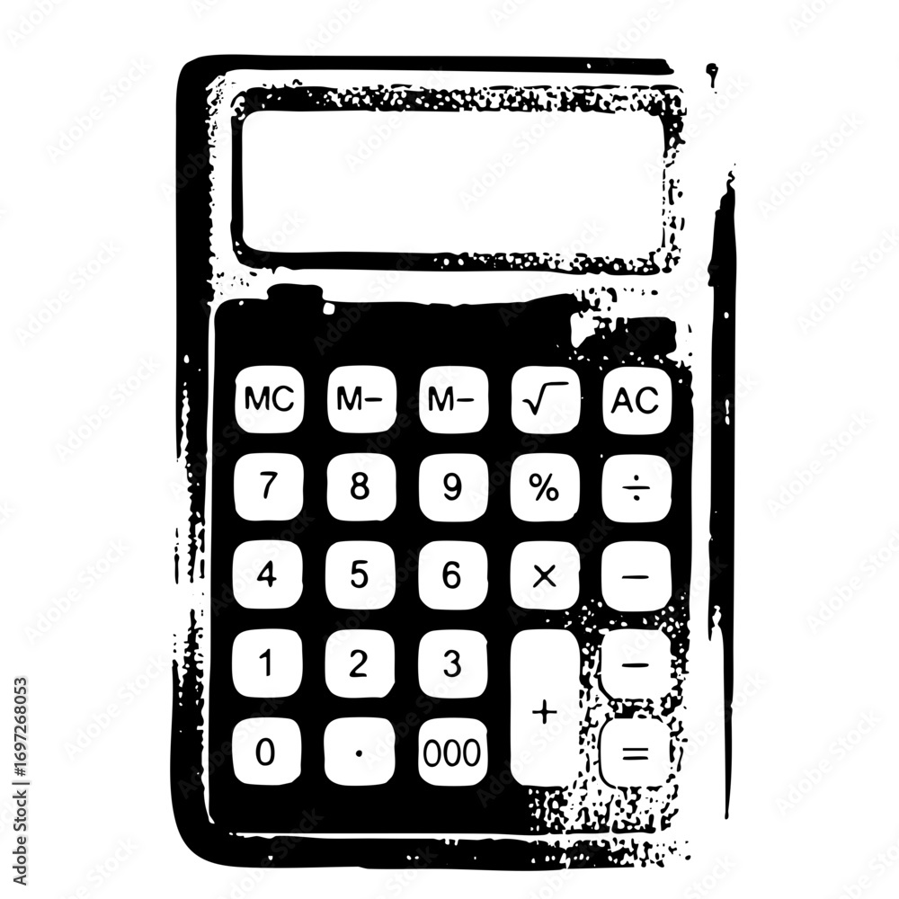 Poster vector detailed black and white calculator with numeric keypad.
