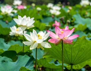 Beautiful lotus blossoms in a pond