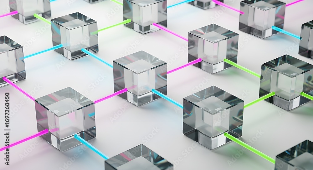 Poster network of transparent cubes connected by colorful lines