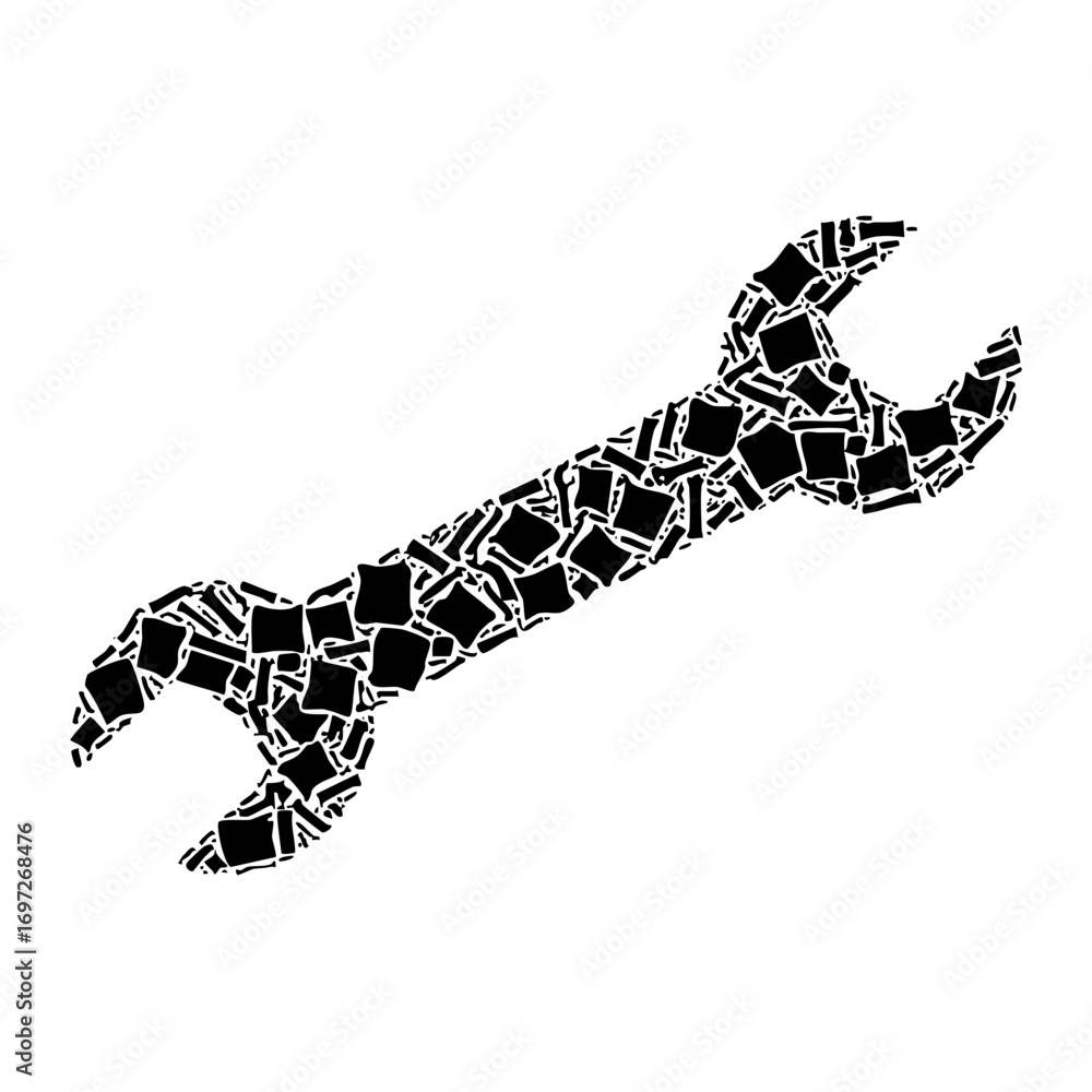 Poster vector abstract wrench composed of fragmented shapes.
