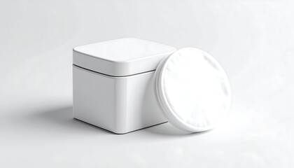 A white square metal tin with a lid, on a plain white background.  The tin and lid are glossy