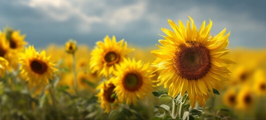 Fototapeta premium Advertising photography of sunflower field swaying gently in the wind, elegant minimal tech theme with clear negative space for ad text, golden hour virtual moment, bright commercial background