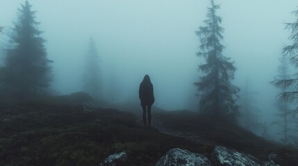 Misty mountain landscape with lone figure