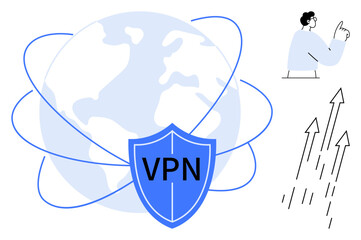 Shield marked VPN overlaying globe with orbit lines, arrows indicating security or digital growth, and a thoughtful user. Ideal for cybersecurity, privacy, internet safety, global connection
