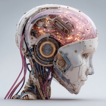 Futuristic robotic head with glowing circuits.