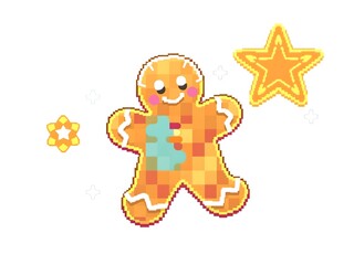 abstract pop art pastel neon illustration of mosaic pixel Stylized of Pixel gingerbread man isolated on a white background