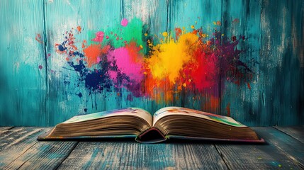 Open book with vibrant paint splatters against a turquoise wooden background. Ideal for illustrating colorful creativity, learning, or imagination concepts.