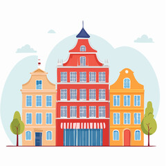 Flat vector design of European historical buildings, detailed facades, colorful rooftops, vintage style