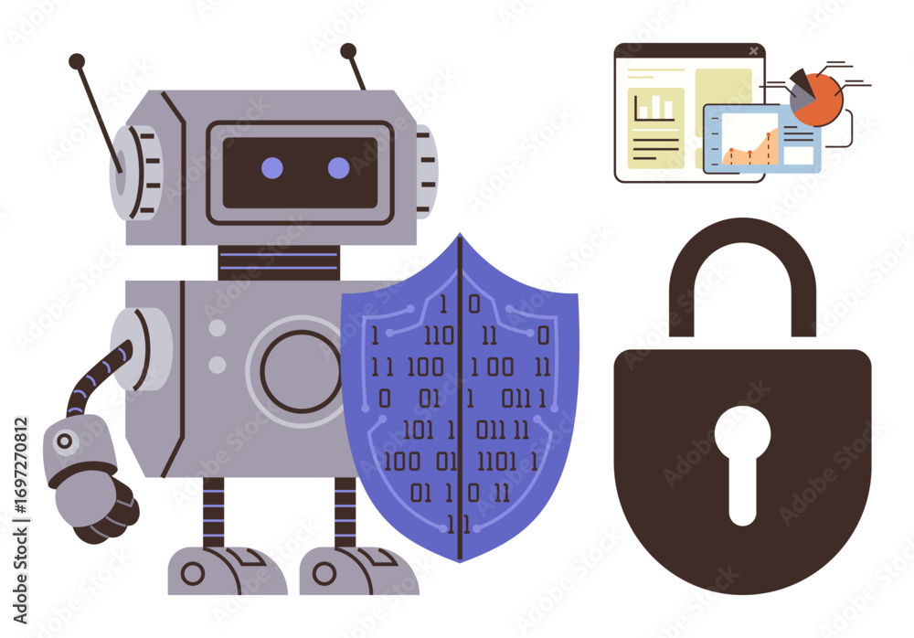 Poster robot holding binary code shield next to lock and data charts on screens. ideal for security, ai, en