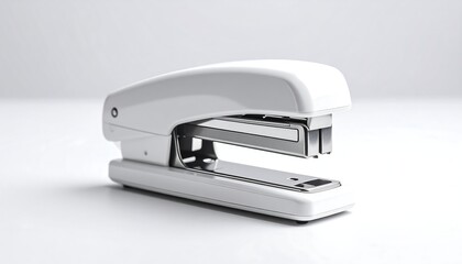 A white stapler sits angled on a light gray surface.  It's a modern, simple design, with smooth curves and visible metal components