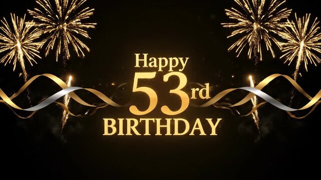 Spectacular 53rd Birthday Celebration Title with Animated Gold Ribbons and Sparkling Fireworks.