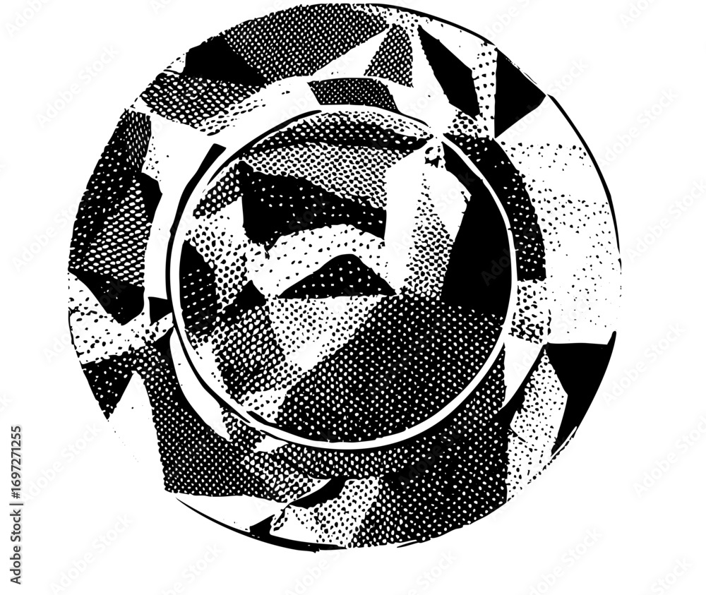 Poster vector abstract spiral with geometric shapes and halftone dots.