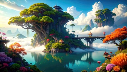 Whimsical Fantasy Landscape with Colorful Islands and Bridge