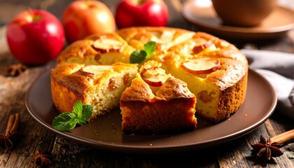 A delicious apple cake on a dark plate, surrounded by apples and spices