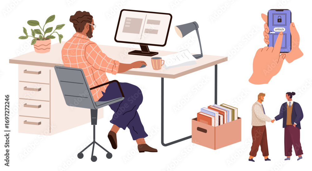 Poster man working at desk with computer, plants, and file box, plus hand accessing smartphone security. in