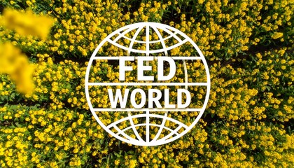 A white, stylized globe graphic with the text "FED WORLD" sits atop a dense field of bright yellow flowers