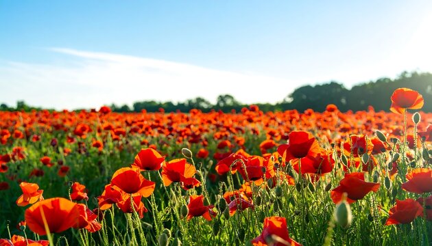 Vibrant red poppy field stretches to a clear blue sky - Powered by Adobe