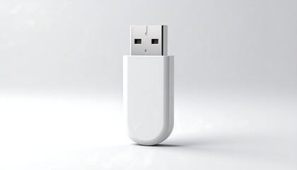 A white USB flash drive, angled, against a bright, neutral background