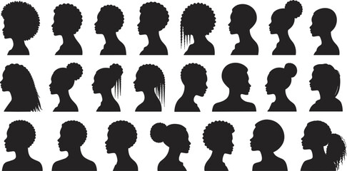 Black female silhouette collection, diverse African American hairstyles, afro, braids, buns, ponytails, profile vector icons, natural hair shapes, beauty diversity, isolated on white