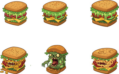 Cartoon hamburger vector, spooky zombie burger, food character illustration, monster fast food design, Halloween snack clipart, funny creepy meal