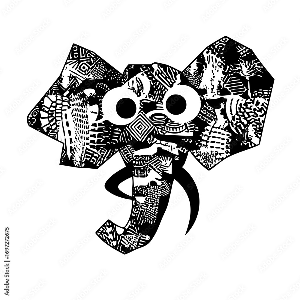 Poster vector intricate elephant head with patterned details.