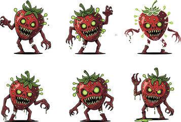 Grotesque monster strawberries with sharp teeth, glowing eyes, green slime, cartoon horror fruit characters for game, comic, animation vector art