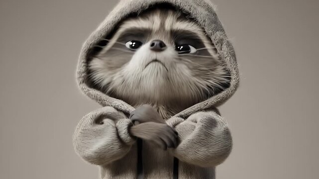 A detailed anthropomorphic raccoon in a wrinkled hoodie and sweatpants, slouching with a dazed expression and paws in the pocket, set against a neutral background