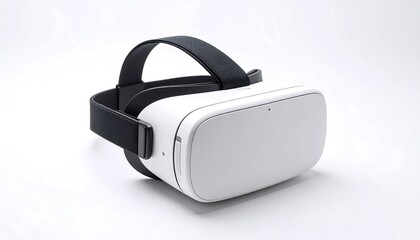A white VR headset with black adjustable straps, angled slightly