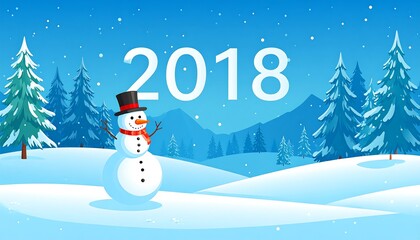 Snowy winter scene with snowman and 2018