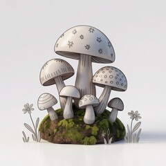 Whimsical cluster of enchanted mushrooms adorned with delicate patterns on a mossy forest floor with subtle floral accents