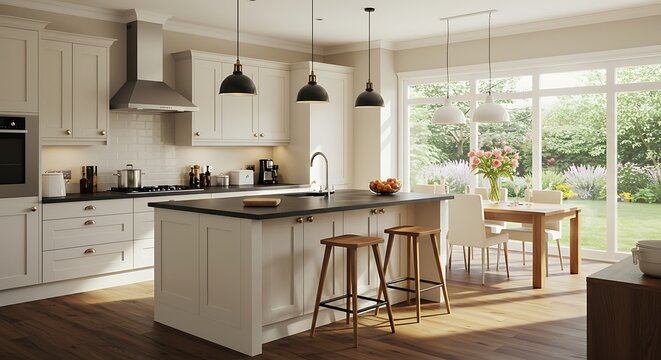 Elegant modern open-plan kitchen and dining room, naturally lit, featuring a stylish island, sleek appliances, and large windows overlooking a beautiful garden - Powered by Adobe