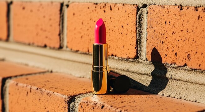 Fuchsia lipstick with golden tube on weathered brick surface cas