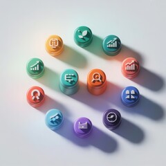 Colorful dice with business icons representing financial growth and market trends in a conceptual setting