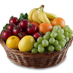 A wicker basket overflowing with a variety of fresh fruits.  Colorful assortment of bananas, grapes, oranges, apples, and a mango.  Bright, vibrant display