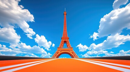 Surreal orange Eiffel tower illustration sky. Orange landmark, Eiffel monument, Paris structure. Clouds, travel, architecture, perspective, bright color, iconic design, modern city, digital graphic,